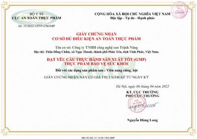 Giấy chứng nhận nh&agrave; m&aacute;y đạt chuẩn GMP
