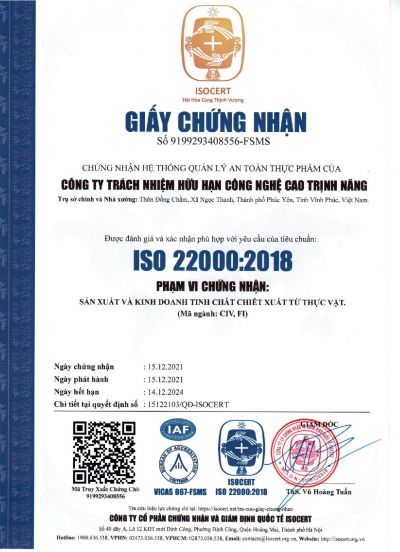 Giấy ch&uacute;ng nhận ISO 22000:2018